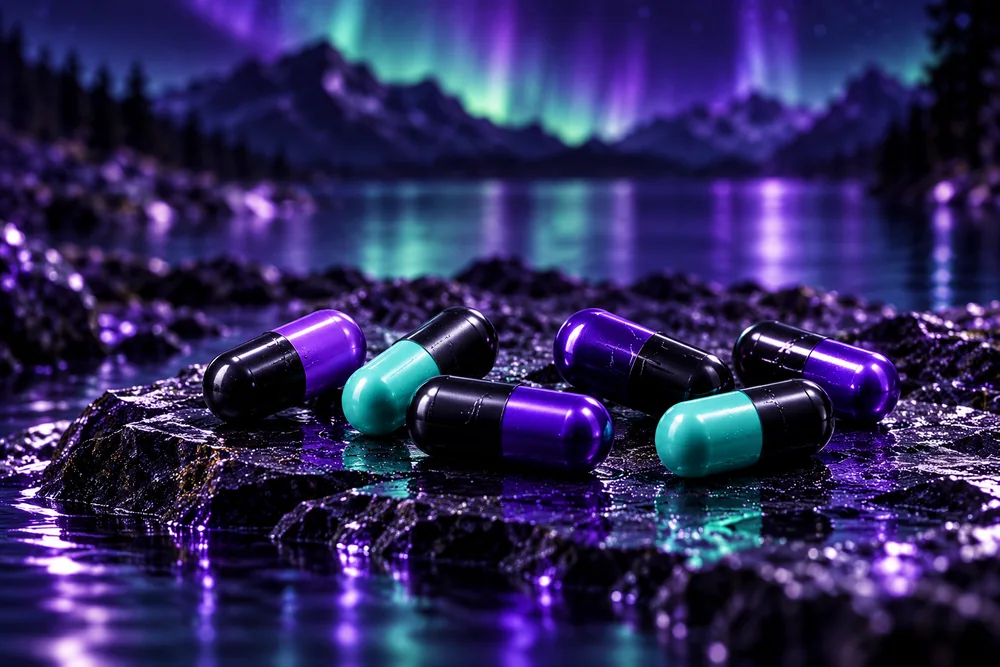 Designstudie: Kapseln mit jeweils einer schwarzen und einer violetten oder mintfarbenen Hälfte auf dunklem Stein am Wasser.