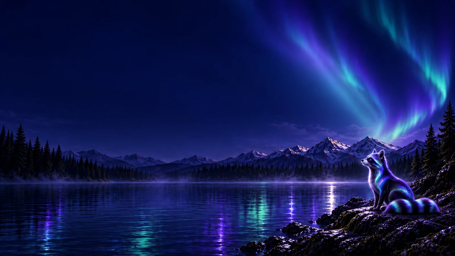 Ein schlanker, stilisierter Waschbär mit geschwungenen violetten und türkisfarbenen Lichtlinien an einem nächtlichen See.